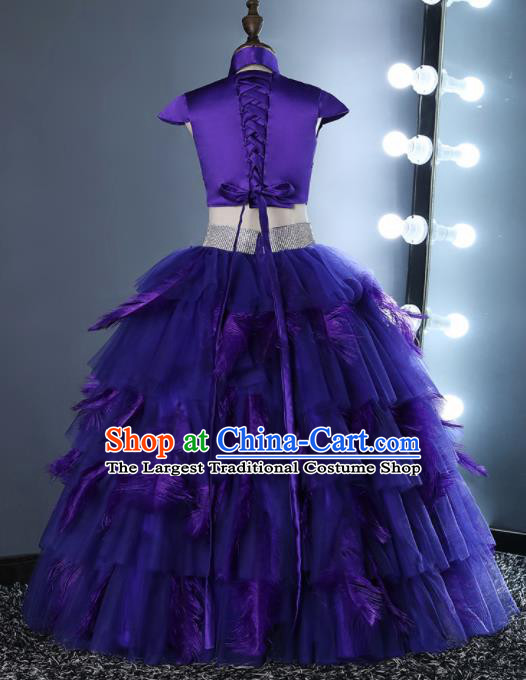 Top Grade Children Day Dance Performance Purple Feather Full Dress Kindergarten Girl Stage Show Costume for Kids