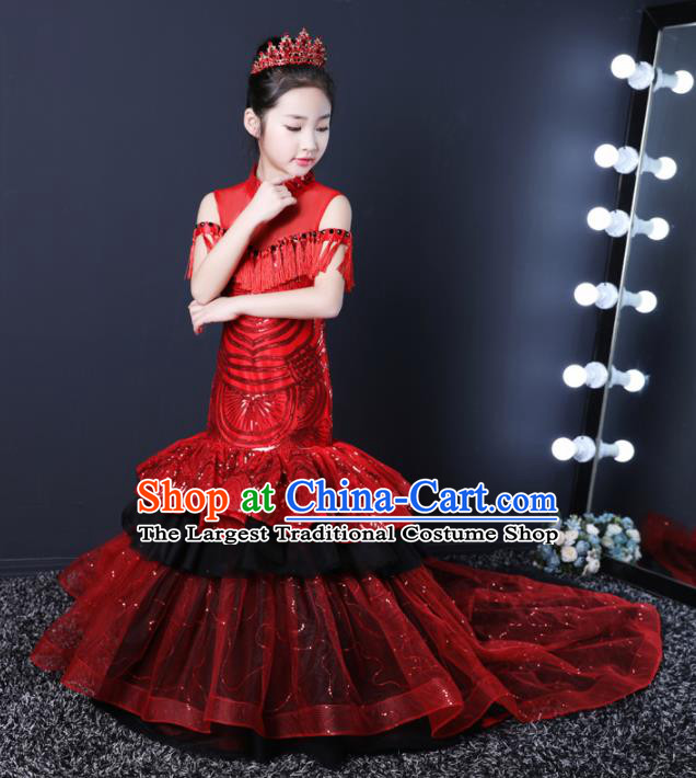 Top Grade Children Day Dance Performance Red Veil Trailing Dress Kindergarten Girl Stage Show Costume for Kids