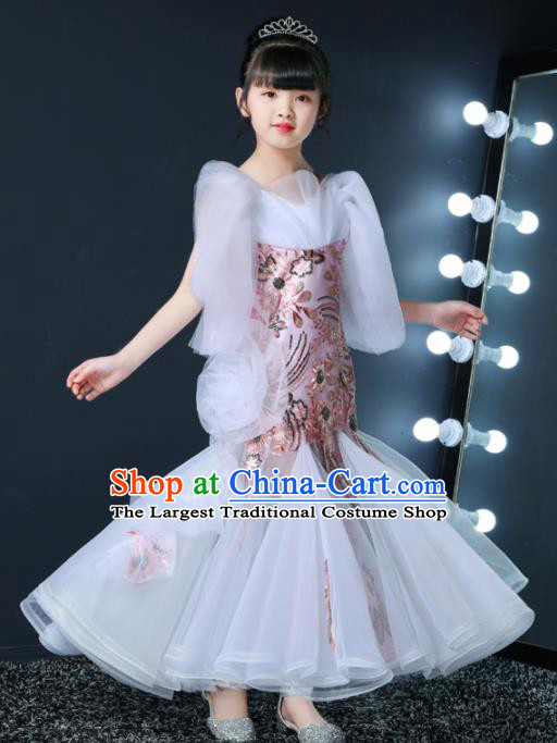 Top Grade Children Day Dance Performance White Veil Wedding Dress Kindergarten Girl Stage Show Costume for Kids