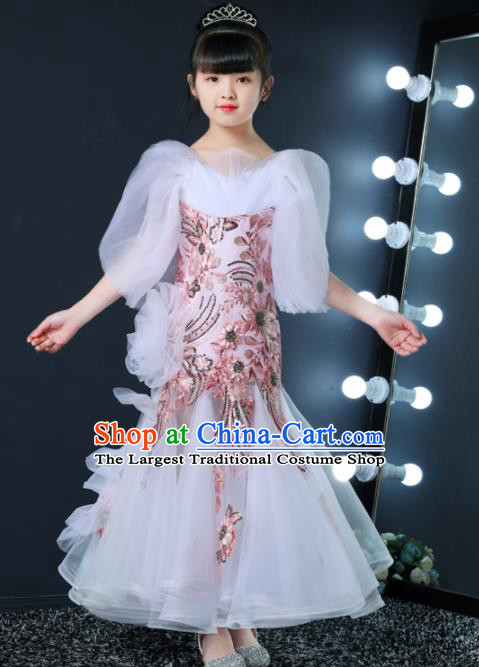 Top Grade Children Day Dance Performance White Veil Wedding Dress Kindergarten Girl Stage Show Costume for Kids