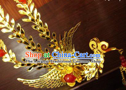 Chinese Ancient Court Queen Tassel Phoenix Step Shake Golden Hairpins Traditional Classical Hanfu Hair Accessories for Women