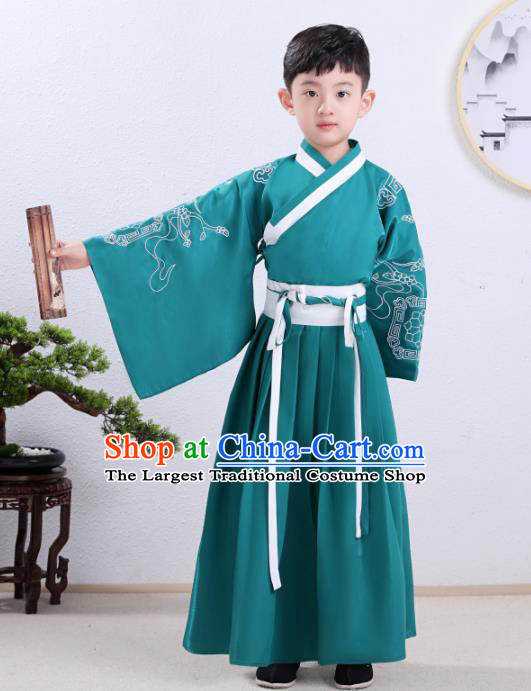 Chinese Traditional Han Dynasty Children Green Hanfu Clothing Ancient Scholar Costume for Kids