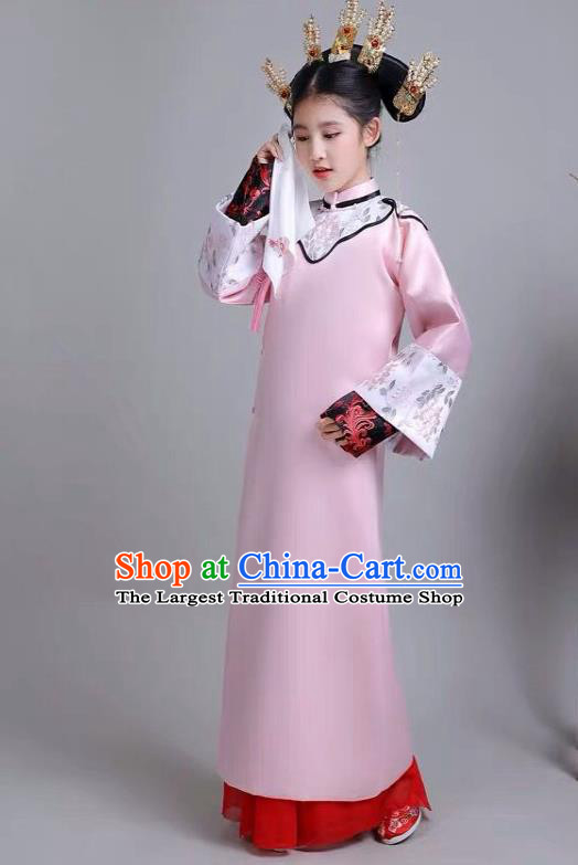 Chinese Traditional Qing Dynasty Girls Pink Qipao Dress Ancient Manchu Princess Costume for Kids