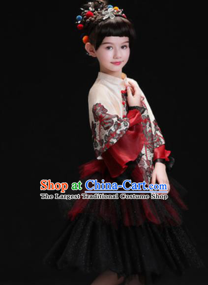 Chinese New Year Dance Performance Black Veil Full Dress Kindergarten Girls Stage Show Costume for Kids