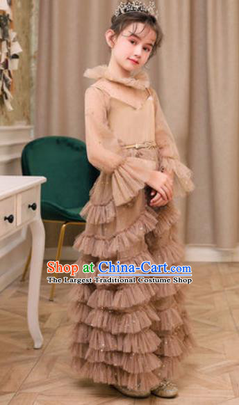 Top Grade Christmas Day Dance Performance Brown Veil Full Dress Kindergarten Girl Stage Show Costume for Kids