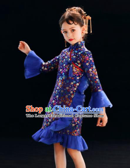 Chinese New Year Performance Royalblue Qipao Dress National Kindergarten Girls Dance Stage Show Costume for Kids
