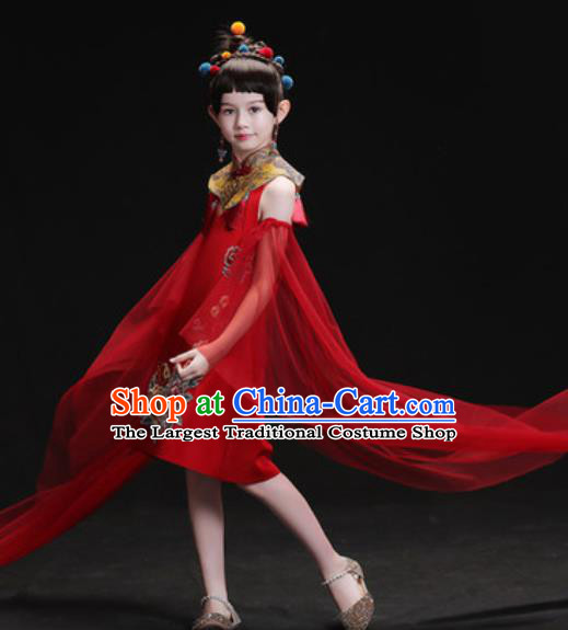 Chinese New Year Dance Performance Red Short Full Dress Kindergarten Girls Stage Show Costume for Kids