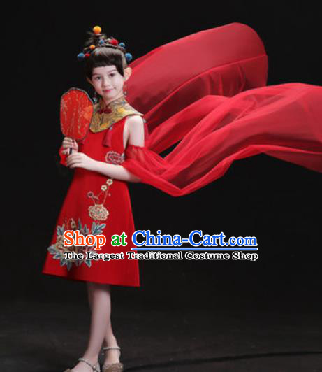 Chinese New Year Dance Performance Red Short Full Dress Kindergarten Girls Stage Show Costume for Kids