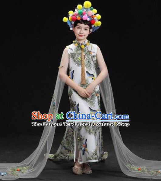 Chinese New Year Dance Performance Printing Cranes White Full Dress Kindergarten Girls Stage Show Costume for Kids