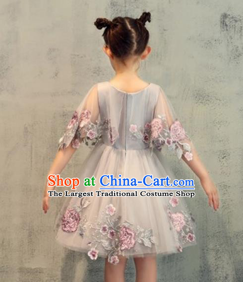 Top Grade Christmas Day Dance Performance Embroidered Grey Veil Full Dress Kindergarten Girl Stage Show Costume for Kids