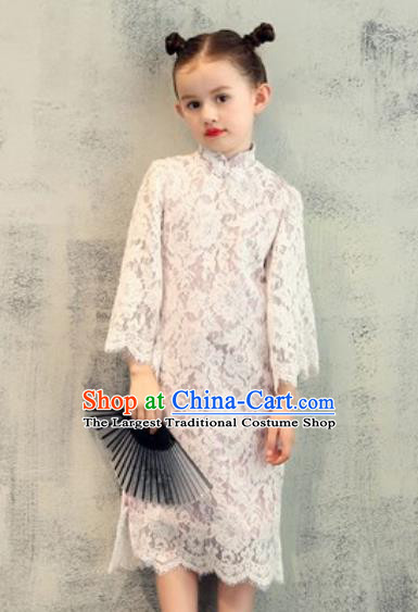 Chinese New Year Performance White Lace Qipao Dress National Kindergarten Girls Dance Stage Show Costume for Kids
