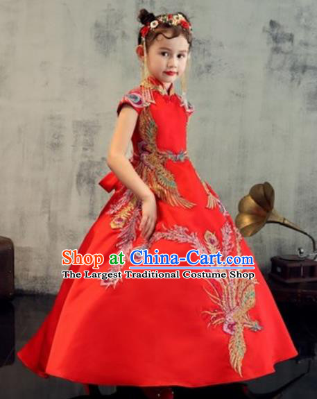 Chinese New Year Performance Embroidered Phoenix Red Dress National Kindergarten Girls Dance Stage Show Costume for Kids