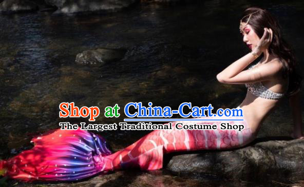 Halloween Cosplay Mermaid Light Red Fishtail Swimwear Dress Nylon Fish Tail Skirt Clothing for Women