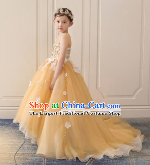 Top Grade Christmas Day Dance Performance Yellow Veil Trailing Full Dress Kindergarten Girl Stage Show Costume for Kids