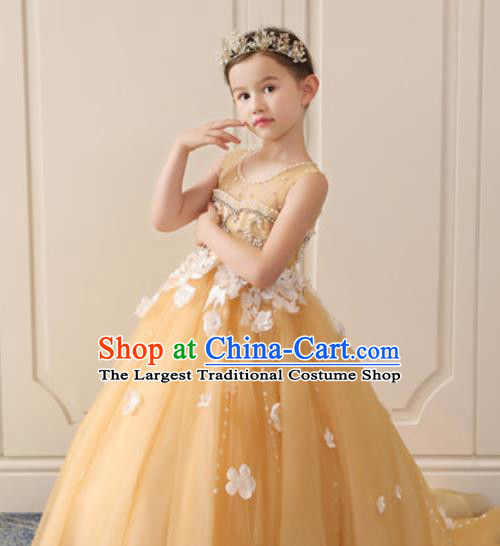 Top Grade Christmas Day Dance Performance Yellow Veil Trailing Full Dress Kindergarten Girl Stage Show Costume for Kids