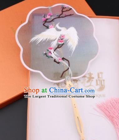 Chinese Traditional Suzhou Embroidery White Phoenix Palace Fans Embroidered Fans Embroidering Craft