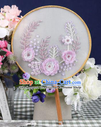 Chinese Traditional Handmade Embroidery Purple Camellia Round Fan Embroidered Palace Fans