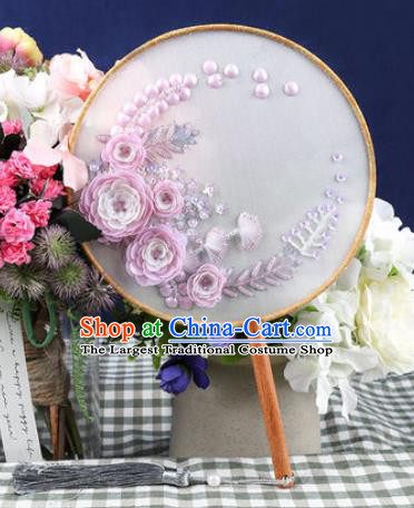 Chinese Traditional Handmade Embroidery Lilac Camellia Round Fan Embroidered Palace Fans
