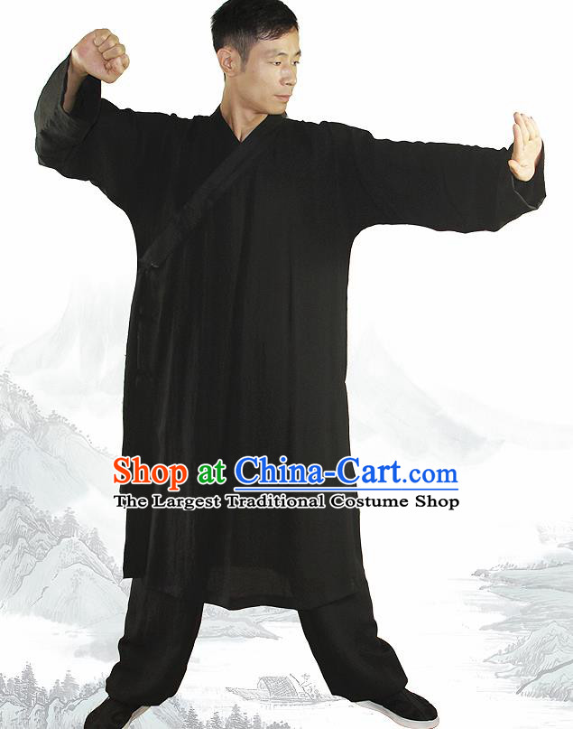 Chinese Traditional Martial Arts Black Flax Robe Kung Fu Taoist Priest Tai Chi Costume for Men