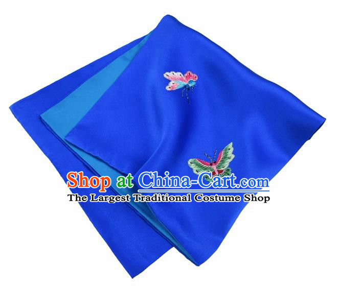 Chinese Traditional Handmade Embroidery Butterfly Royalblue Silk Handkerchief Embroidered Hanky Suzhou Embroidery Noserag Craft
