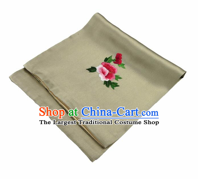 Chinese Traditional Handmade Embroidery Peony Olive Green Silk Handkerchief Embroidered Hanky Suzhou Embroidery Noserag Craft
