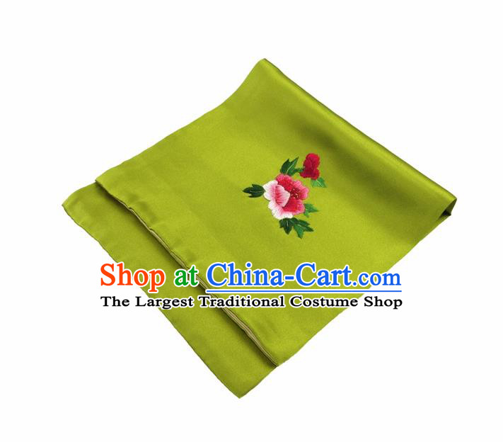 Chinese Traditional Handmade Embroidery Peony Green Silk Handkerchief Embroidered Hanky Suzhou Embroidery Noserag Craft
