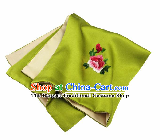 Chinese Traditional Handmade Embroidery Peony Green Silk Handkerchief Embroidered Hanky Suzhou Embroidery Noserag Craft