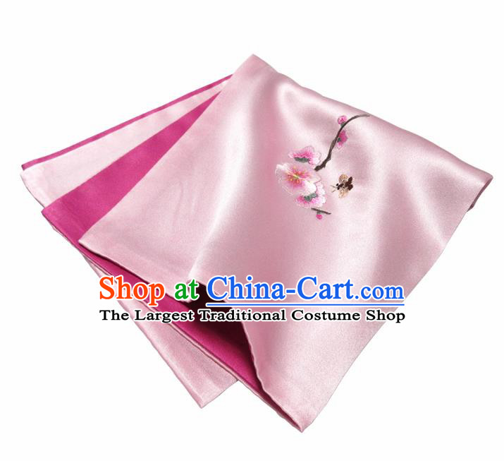 Chinese Traditional Handmade Embroidery Plum Blossom Pink Silk Handkerchief Embroidered Hanky Suzhou Embroidery Noserag Craft