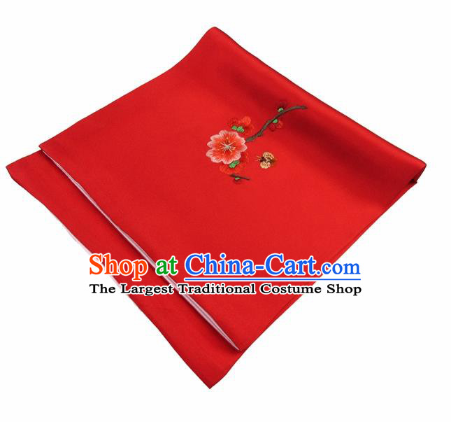 Chinese Traditional Handmade Embroidery Plum Blossom Red Silk Handkerchief Embroidered Hanky Suzhou Embroidery Noserag Craft