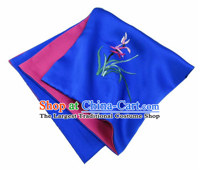 Chinese Traditional Handmade Embroidery Orchid Royalblue Silk Handkerchief Embroidered Hanky Suzhou Embroidery Noserag Craft
