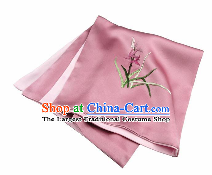 Chinese Traditional Handmade Embroidery Orchid Pink Silk Handkerchief Embroidered Hanky Suzhou Embroidery Noserag Craft