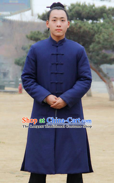 Chinese Traditional Martial Arts Winter Blue Cotton Wadded Robe Priest Frock Kung Fu Taoist Priest Tai Chi Costume for Men