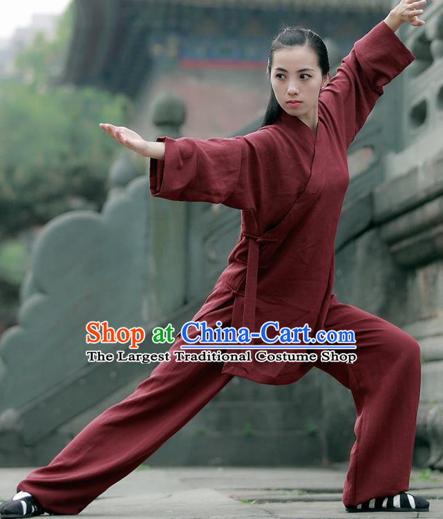 Chinese Traditional Wudang Taoist Priest Martial Arts Purplish Red Outfits Kung Fu Tai Chi Costume for Women