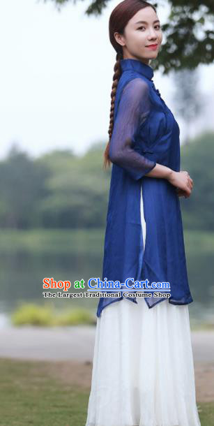 Chinese Traditional Tang Suit Painting Bamboo Navy Qipao Dress Classical Cheongsam Costume for Women