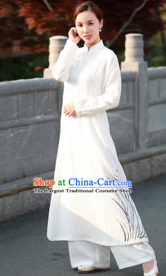 Chinese Traditional Tang Suit Painting Orchid White Qipao Dress Classical Cheongsam Costume for Women