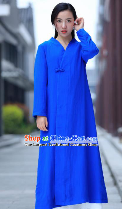 Chinese Traditional Tang Suit Blue Flax Dust Coat Classical Overcoat Costume for Women