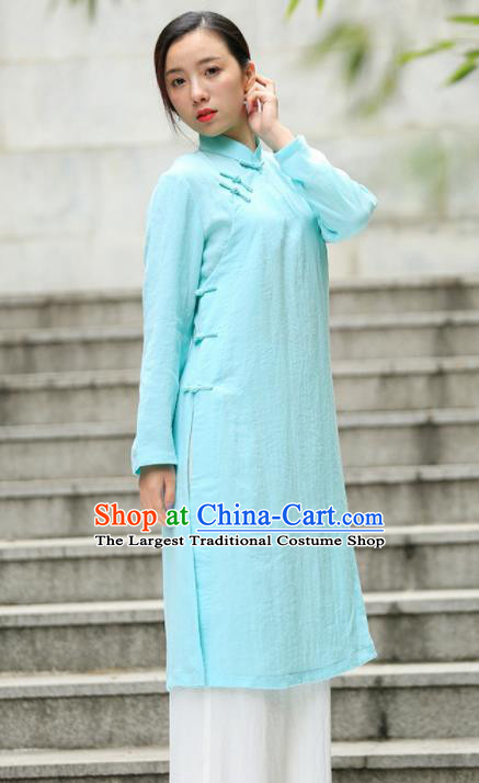 Chinese Traditional Tang Suit Light Blue Flax Qipao Blouse Classical Overcoat Costume for Women