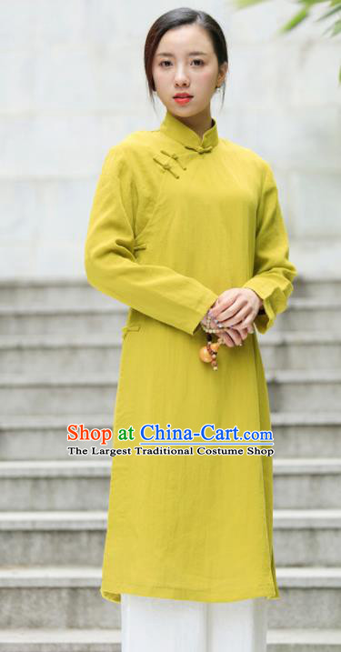 Chinese Traditional Tang Suit Yellow Green Flax Qipao Blouse Classical Overcoat Costume for Women