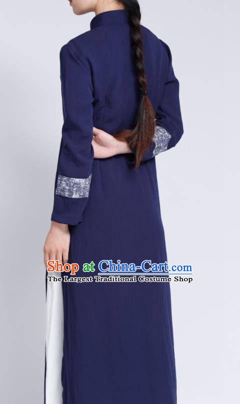 Chinese Traditional Tang Suit Navy Flax Cardigan Classical Overcoat Costume for Women