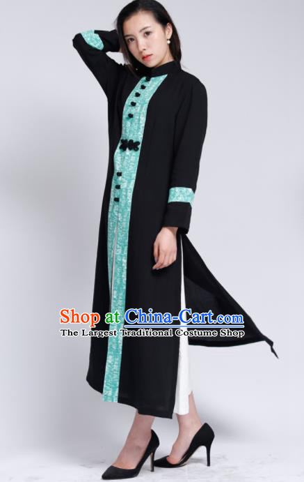 Chinese Traditional Tang Suit Black Flax Cardigan Classical Overcoat Costume for Women