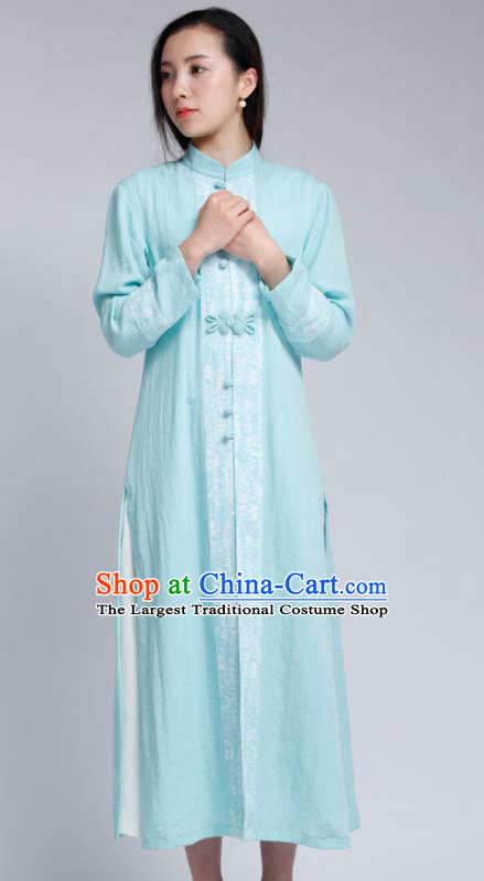 Chinese Traditional Tang Suit Light Blue Flax Cardigan Classical Overcoat Costume for Women
