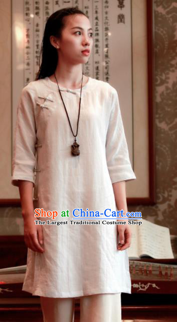 Chinese Traditional Tang Suit White Flax Blouse Classical Dress Costume for Women