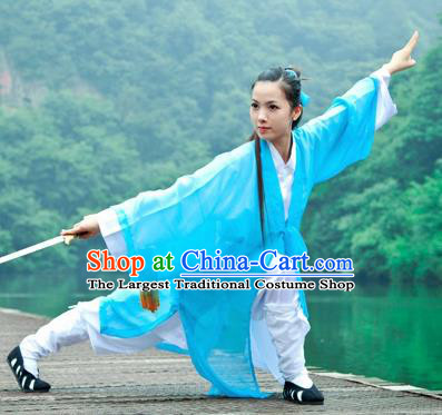 Chinese Traditional Wudang Taoist Nun Martial Arts Blue Outfits Kung Fu Tai Chi Costume for Women