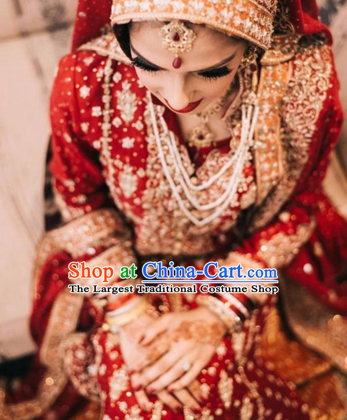 South Asia Pakistan Hui Nationality Islam Bride Red Costumes Traditional Pakistani Wedding Luxury Embroidered Dress for Women