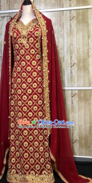 South Asia  Indian Bride Red Costumes Traditional   India Hui Nationality Wedding Luxury Embroidered Dress for Women