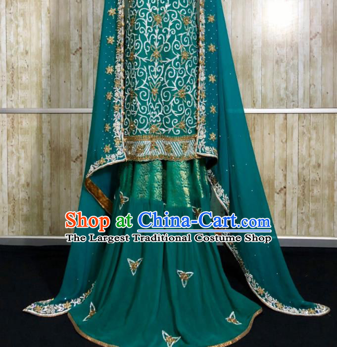 South Asia Pakistan Islam Bride Peacock Green Costumes Traditional Pakistani Hui Nationality Wedding Luxury Embroidered Dress for Women