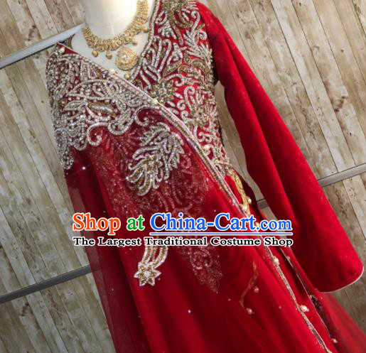 South Asia Pakistan Islam Bride Muslim Red Costumes Traditional Pakistani Hui Nationality Wedding Luxury Embroidered Dress for Women
