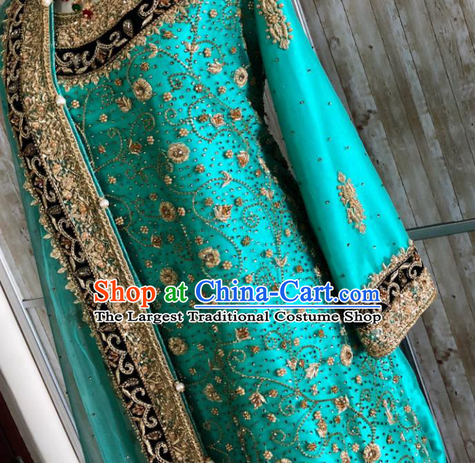 South Asia Pakistan Islam Bride Muslim Green Dress Traditional Pakistani Hui Nationality Wedding Luxury Embroidered Costumes for Women