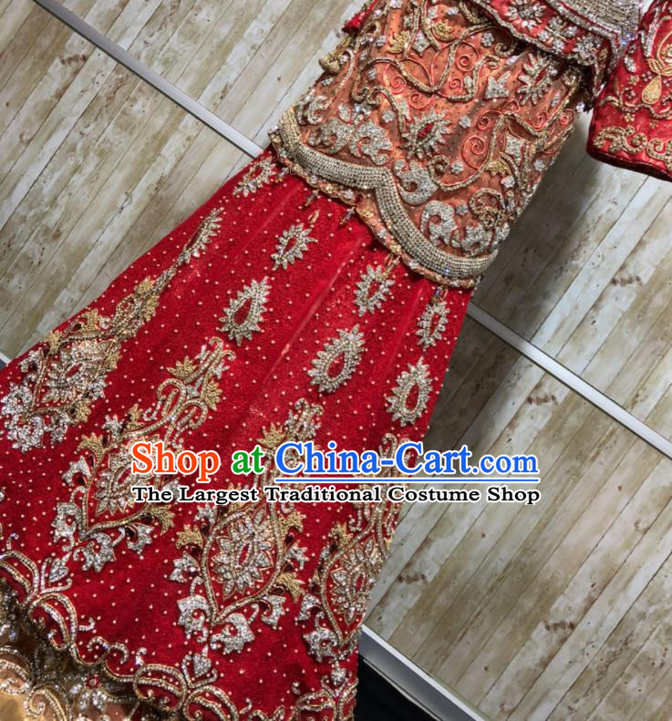 South Asia Pakistan Islam Bride Muslim Embroidered Red Dress Traditional Pakistani Court Hui Nationality Wedding Costumes for Women