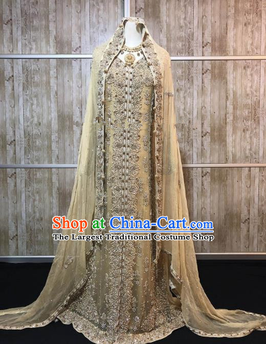 South Asia  Indian Queen Embroidered Golden Dress Traditional   India Court Hui Nationality Wedding Costumes for Women